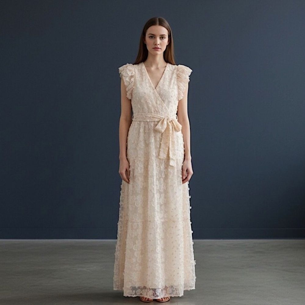 Flora Bea Dress Porsha Cream & Pink Floral Lace Maxi Dress Size S • NEW •